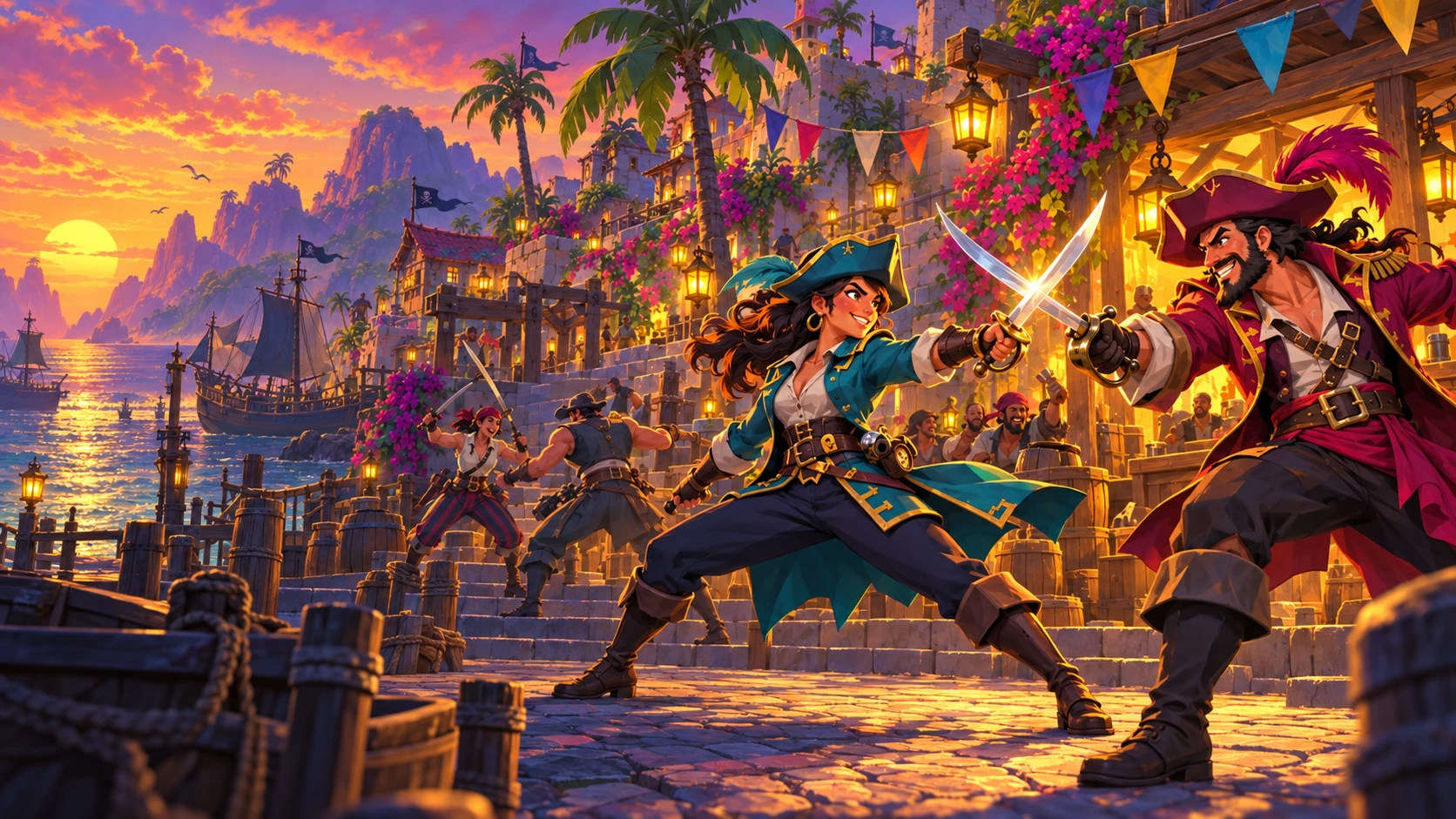Colorful low-poly pirates in a boarding battle between sailing ships.
