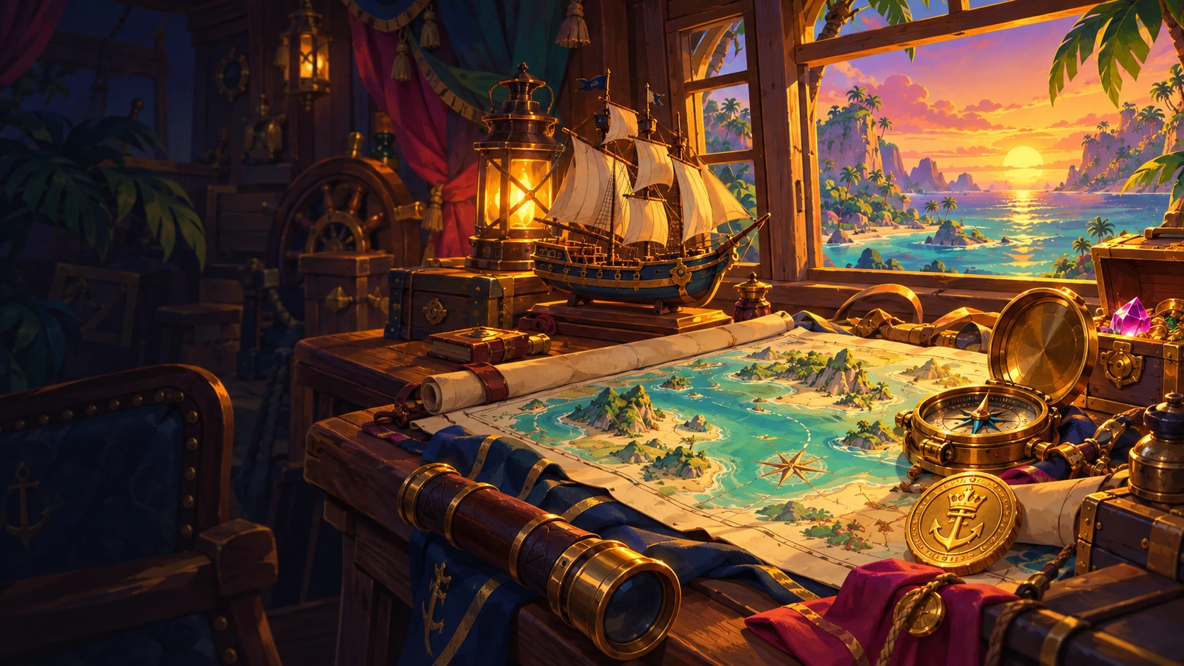 Painterly pirate navigator’s desk with an open atlas, compass and a model ship.