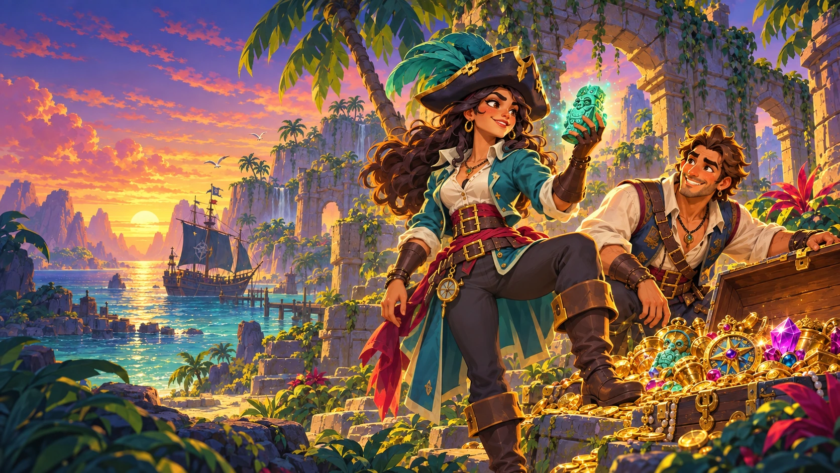 Illustrated pirate adventurers discovering a golden treasure chest in tropical ruins.