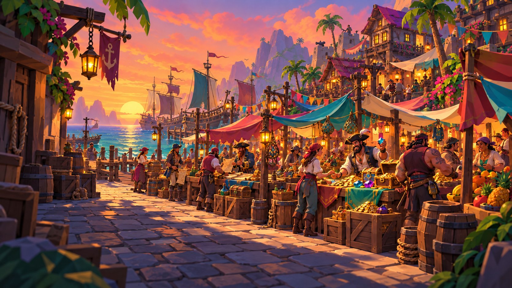 Colorful pirate port with ships, a market and waterside buildings.